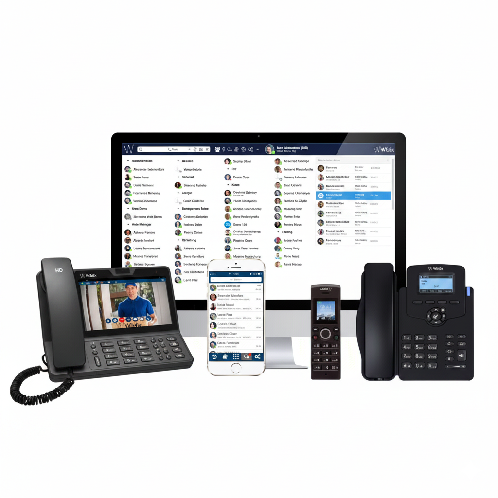 Wildix full product lineup — desk phone, mobile, cordless, and browser all on one system